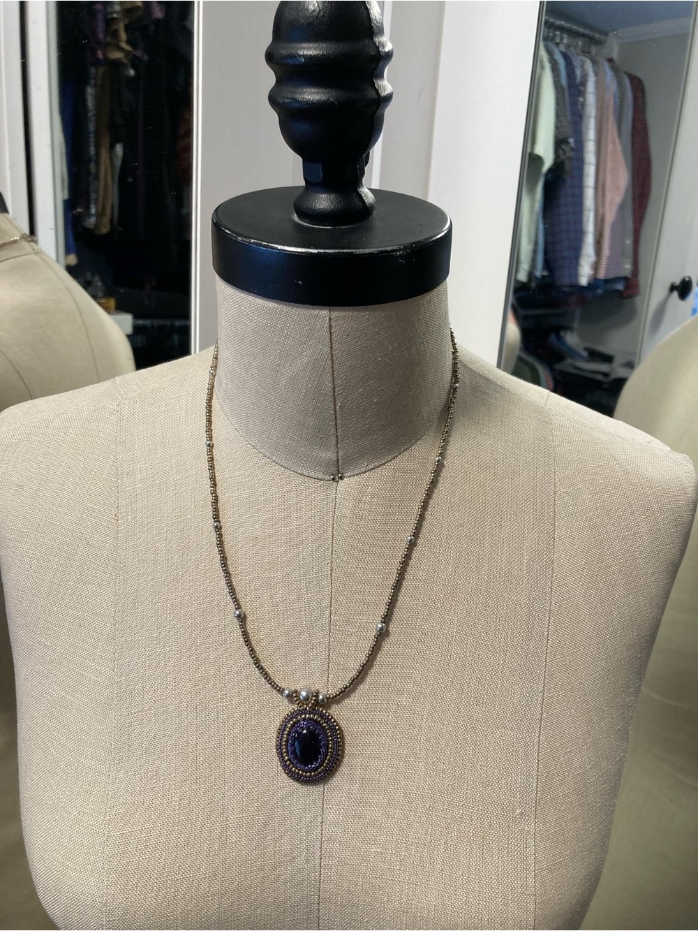 NIB Beaded Necklace with Deep Purple Oval Pendant